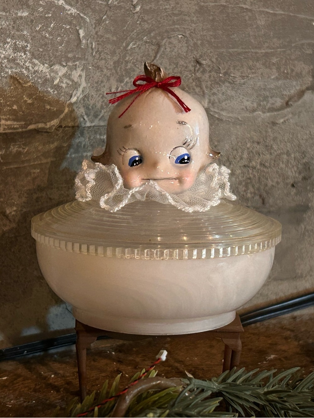 Vintage Kewpie-Style Trinket Jar Bow Upcycled Art MCM Kawaii Two Girls One Craft